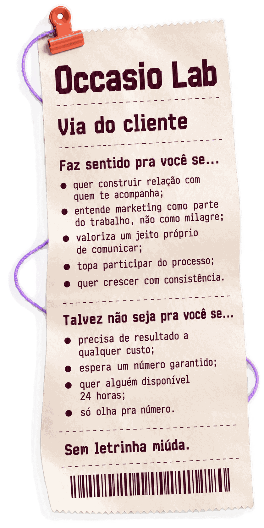 Cupom da Occasio Lab com os critérios de compatibilidade descritos a seguir.