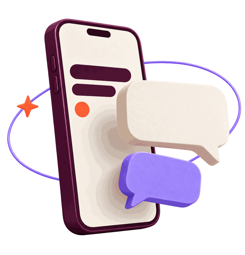 Celular ameixa com balões de conversa em creme e lilás, órbita lilás e estrela coral.
